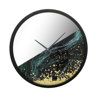 Decorative Glass Wall Clock for Marble Pattern With Gold Pointer Agate Round Mirror Wall Clock Wooden Frame