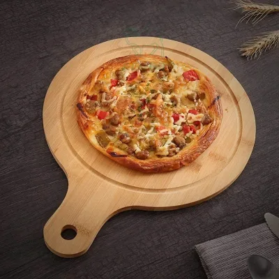 Solid Wood Round Pizza Peel With Hanging Hole Large Pizza Board Moso Bamboo Pizza Serving Board
