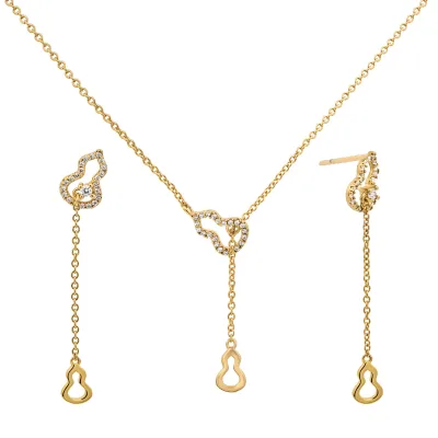 CHICNNA S925 Silver Dual Fortune Gourd Tassel Necklace Set 18K Gold Plated Blessed Twin Hulu Fringe Jewelry Set Non Tarnish