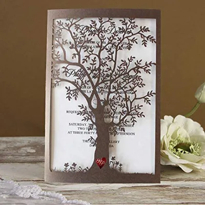 Old Tree Wedding Invitations With Envelopes, Vintage Invitations Cards, Metallic Paper Laser Cut Invitation