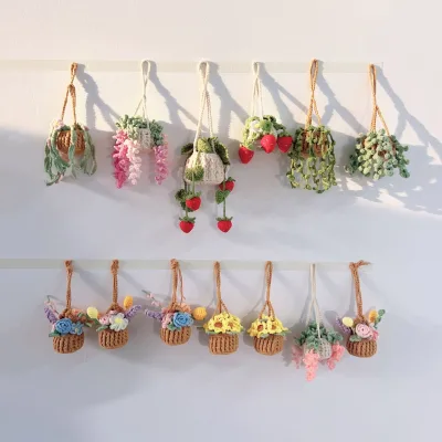 Handmade Crochet Hanging Flower Basket Green Ruffled Leaves Beige Pot Hanging Rope for Balcony Garden Decor