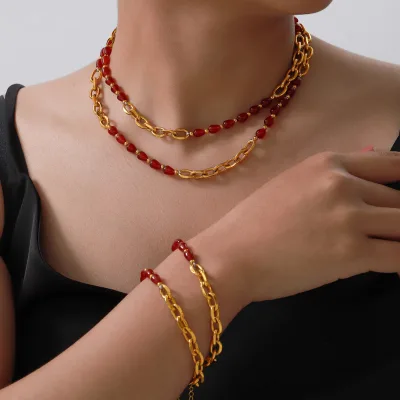 Vintage Red Agate Beaded Splicing Chain Bracelet and Necklace Sets Titanium Steel 18K Gold PVD Plated Natural Stone Jewelry Set