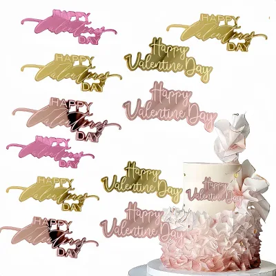 Happy Valentine's Day Acrylic Cake Decoration Supplies Cupcake Toppers Gold Pink Valentine's Day Cake Topper Cake Tools