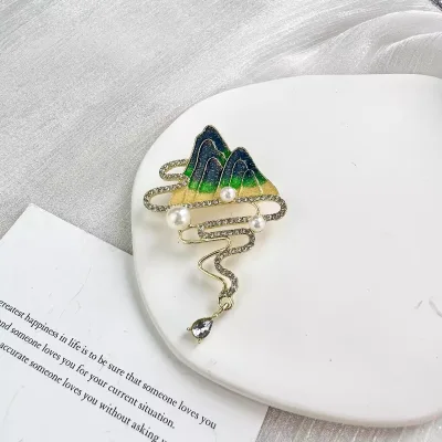 Mountains Waters Chest Brooches Literary Style Diamond Inlay Waterdrop Pendant Pearl Brooch Ladies Charm Ornaments Niche Jewelry