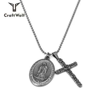 Craft Wolf Retro Style  Multiple Pendant Chain Virgin Mary Round Pendant & Carved Cross Pendant Necklace