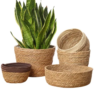 Natural Seagrass Baskets with Inner Plastic Plant Pot Basket Nursery Hamper Decorative Basket
