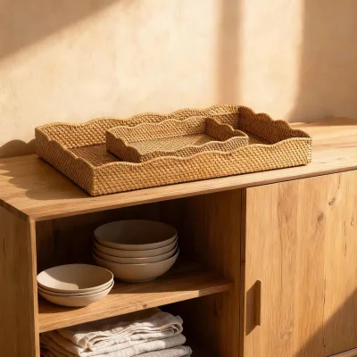 Practical Design Rattan Rectangle Wave Decorative Tray For Display Food Desk Items Decoration In Restaurant Hotel Decor