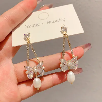 French Light Luxury Simple Butterfly Earrings Super Fairy Crystal Pearl Tassel Earrings