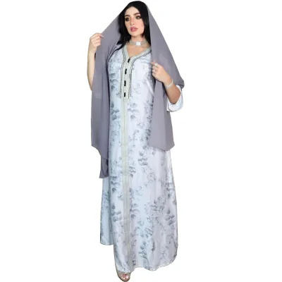 2024 Hot Autumn New Product pink Hot Diamond Middle Eastern Muslim Printed Dress