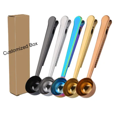 Food Grade Stainless Steel Brass Gold Measuring Spoon Scoop with Bag Sealing Clip for Coffee Bean