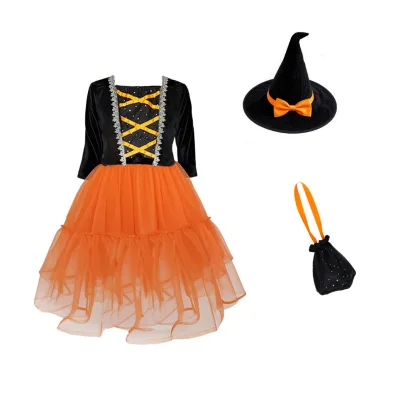 25H321A Halloween Orange and Black Witch New Design Kids Costumes Halloween Party Girls Princess Costume for performance