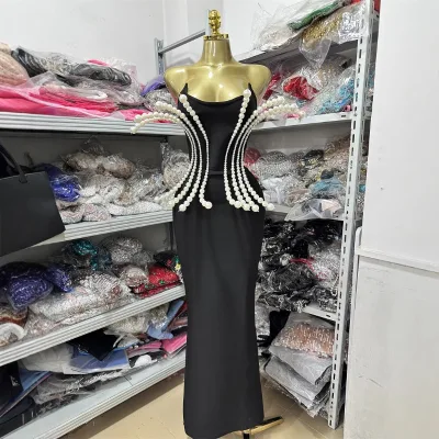 ZHEZHE European American Retro Style Fashion Pearl Cashmere Tube Top Maxi for Dress Socialite Party Dinner Elegant Dress