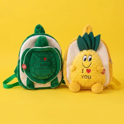 OEM 3D Plush Turtle/Pineapple Doll Bag, 3D Animal Shaped Backpack, Plush Fruit Embroidered Facial Features Toy Bag, Soft Fabric