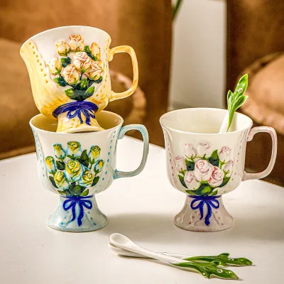 Creative Handmade Rose Bouquet Mug French Vintage Underglaze Mug