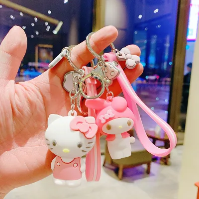 Key Rings Promotional Gift Cute Cartoon Kitty Melody Key Chains Soft Rubber Keychain with Anti-Lost Wrist Strap Wholesale