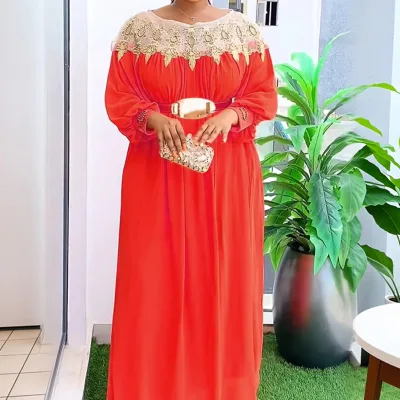 Women's African Solid Color Dress New Dress Belt Plus Size Casual for Summer Cross-Border