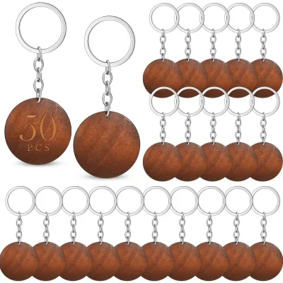 Custom Logo Wooden Keychain Blanks Round Laser Engraving Wood Key Tags Stainless Steel Rings for DIY Crafts Personalized Gifts