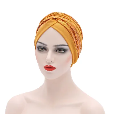 Wholesale New Designer Women African Cap Bonnet Hijab Fashion Glitter Rhinestone Stretch Women's Gele Turban Hat