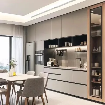 Light Gray Sideboard With Wood Frame Glass Display Cabinet Black Open Shelves LED Under Cabinet Light Handleless Drawers