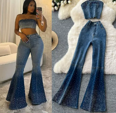 Sequined Ladies' Denim Suit Sleeveless Racerback Top & High-Waisted Flared Pants Fashionable Women's Denim Sets
