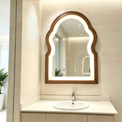 Custom Brown MDF Framed LED Wall Mirror Arch Irregular Curved Decorative Vanity Mirror for Hotel Bathroom and Living Room