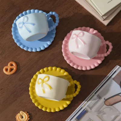Harmony Classic Bow-shaped Coffee Mug and Saucer with Tray for Women's Breakfast Office Party Ceramic Gift Set