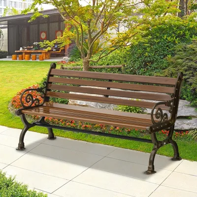 Outdoor Park Bench Antiseptic Wood Bench with Backrest and Armrest Leisure Chair Seat Metal