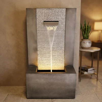 Steel Gray Corten Steel Modern Flower Theme Water Fountain with Light for Indoor Home Garden Floor Mount Decoration
