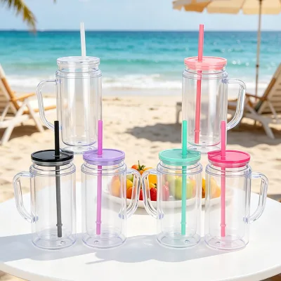 16oz Acrylic Plastic Snow Globe Tumbler Double Wall Clear Pre Drilled Eco-Friendly Reusable BPA Free Beer Can Soda Cup Handle