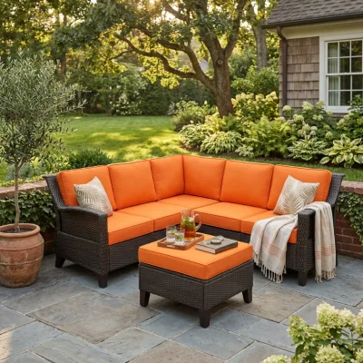 5-Piece Dark Brown PE Wicker L-Shaped Patio Sectional Set with Storage Ottoman & Bright Orange Detachable Outdoor Cushions