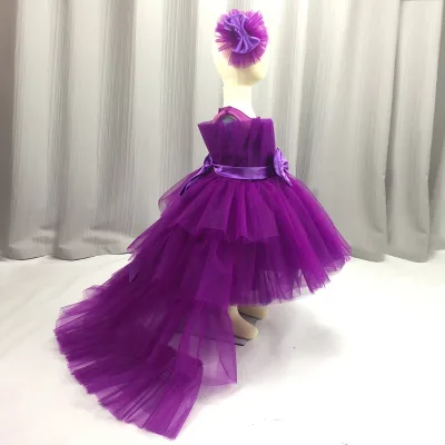 2021 Headpiece and Long Tail Purple Ball Gowns for Girls Flower Girl Dresses