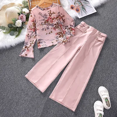 Boutique Summer Big Girls Clothing Set Teenager Flower Ruffle Top+long Pant Two Pieces