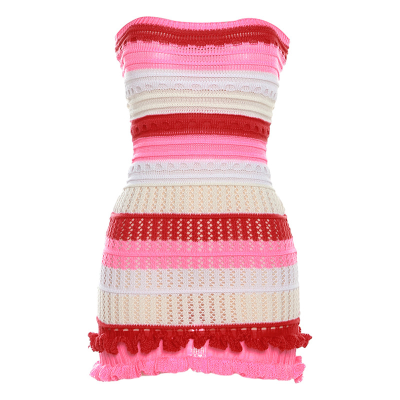 Night Club Party Fashion Striped Hollow Out Mini Dress Casual Sleeveless Bodycon Dresses Crochet Knitting Dress