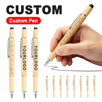 Custom Eco-friendly Bamboo 6-in-1 Eco-friendly Level Screwdriver Tool Pen with Stylus and Screwdriver Multifunctional Level Pen