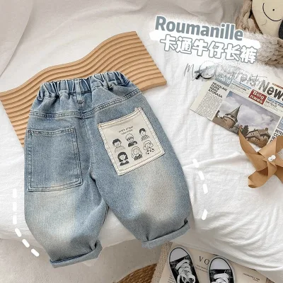 Baby Boys 2026 Cotton Jeans Spring/Autumn Korean-Style Cartoon Pattern Elastic Waist Long Casual Street-Style Trousers