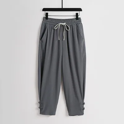 Men's Summer Linen Casual Pants Simple Versatile Chinese Style with Frog Buttons Slim-Fit Tapered Trousers