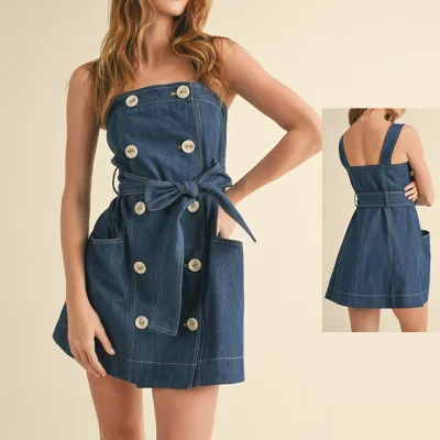 2025 European Market Factory Directly Supply Washed Above Knee Button and Belt Decoration Strap Denim Dress Women