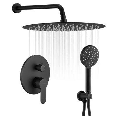 Luxury Bathroom Matte Black Stainless Steel Shower Mixer with SPA Function, Wall-mounted Pre-built Box Concealed Combo Rain Show