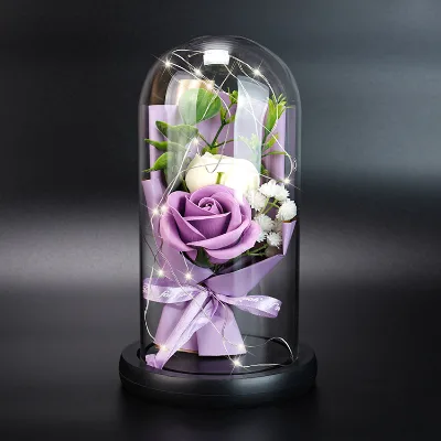 Rose Soap Flower Valentine's Day Gift Eternal Life Flower Glass Cover Led With Light Creative Decoration