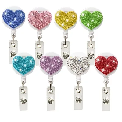 ABS Plastic Fashionable Rhinestone Glitter Love Heart Series Retractable ID Badge Holder Alligator Clip for Women's Decorative