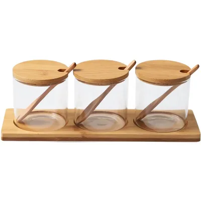 3-Piece Clear Glass Condiment Canister Set with Bamboo Lids, Spoons & Tray - Airtight Seasoning Jars for Kitchen Countertop
