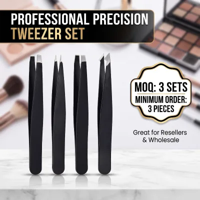 Custom Logo Eyebrow Trimming Set Slant Straight Point Tip Beard Removal Portable Beauty Tweezer Kit Wholesale with PU Leather