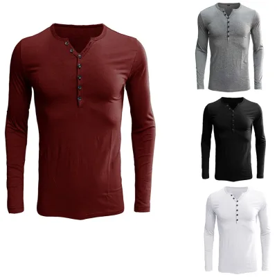 Multi-color Cheap European Size Fashion Street Style Men's Casual Long Sleeve Top Men's Base Shirt Men's Henley Button Shirt