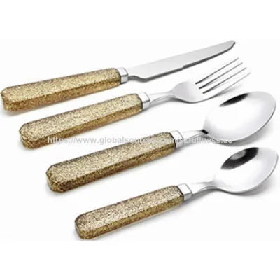 Shiny gold color plastic handle stainless steel cutlery set