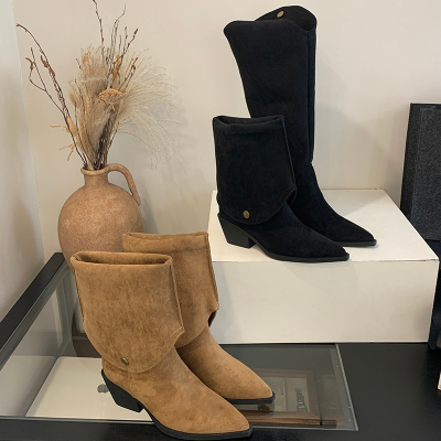 2025 New Riding Boots Comfortable Thick Heel Suede High Boots Fashion Joker Pointed Wrinkled Boots
