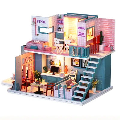IIECREATE K-034 Pink Cafe Miniature for Dollhouse Kits DIY Assemble Wooden House with Light Toy for Girls