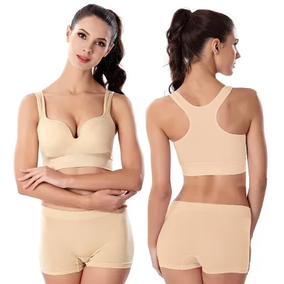 Aoyema Women's Seamless Plus Size Fixed Cup Bra 3D Shockproof Yoga Wireless Fitness Yoga Vest Bra Boxer Shorts Sets Wholesales
