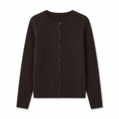 Custom Womens Dark Brown Crew Neck Knit Cardigan Button Front Long Sleeve Sweater OEM ODM