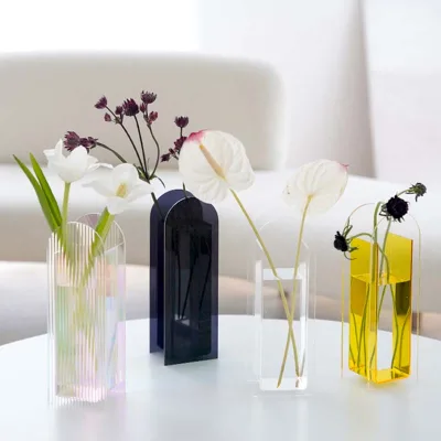 Acrylic Flowers Vase for Home Decor, Rectangular Iridescent Clear Vase Aesthetic Room Decor, Clear Boho Style Artistic