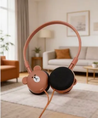 Cute Bear Cartoon Wired Headphones for Kids with HIFI Sound Play/Pause Control Soft Ear Cushions-Student Learning & Holiday Gift